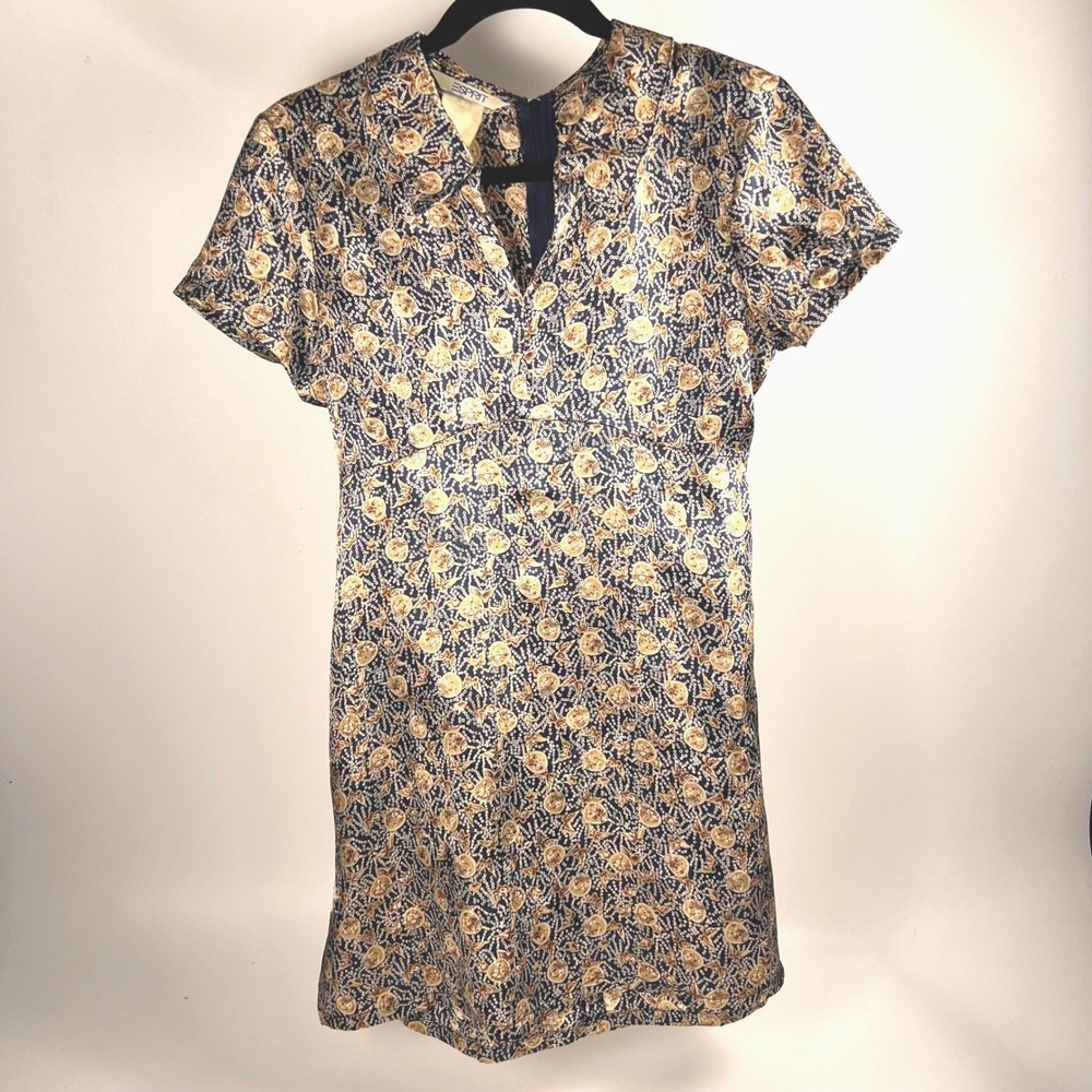 Authentic VTG Esprit Shift Dress Women's M Butterfly Japanese Print V-Neck Tie